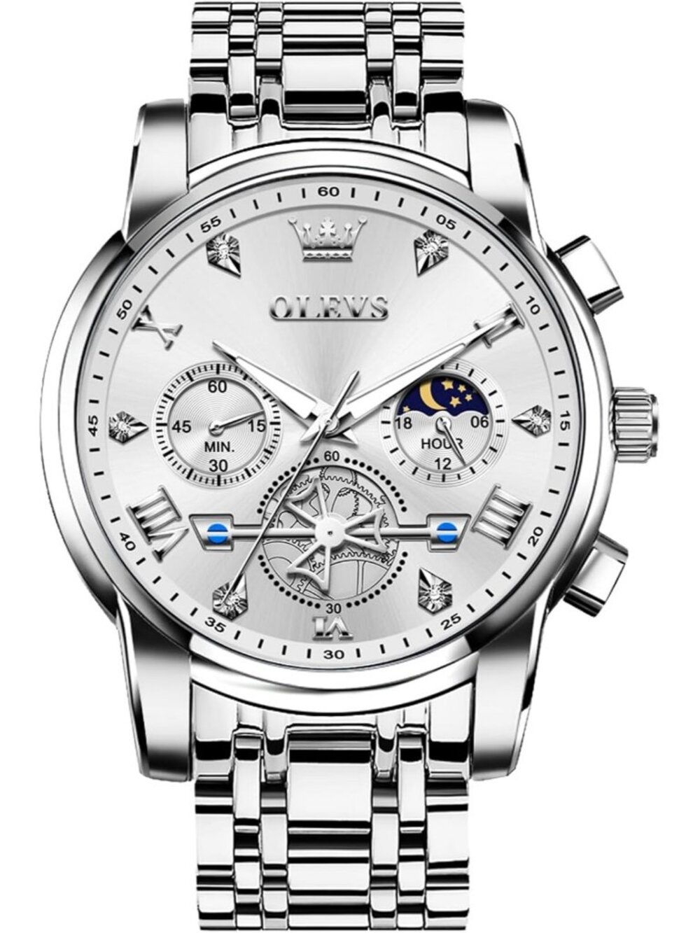 Men's All silver Stainless Steel Waterproof Big Face Multifunction  Wrist Watch
